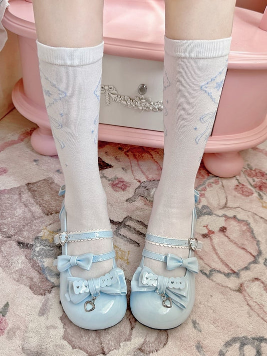 Blue White Snowflakes Pattern Bowknot Print Lolita Calf Socks