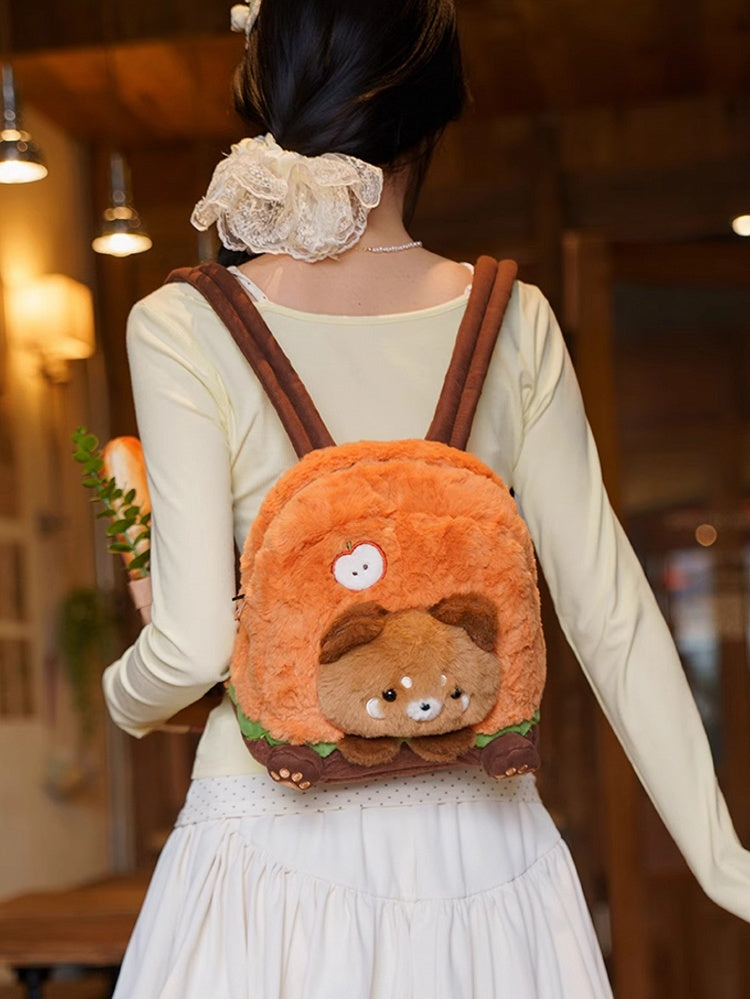 Brown&Orange Apple Design Cute Plush Hamburger Red Panda Backpack Middle/Large Size