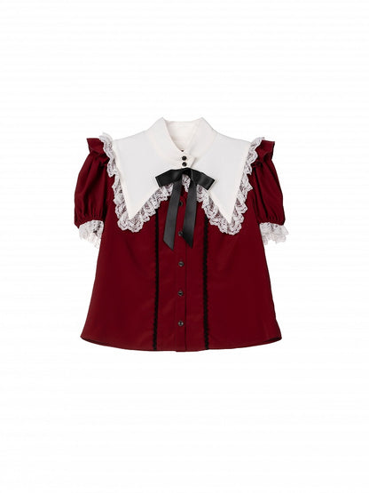 Dark Red Jirai Kei Puff Short Sleeves Blouse with White Separated Collar