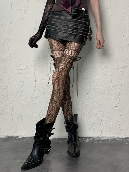 Coffee/Gray/Black/White/Purple/Blue Y2K Floral Pattern Self-tie Straps Cut-out Design Tights