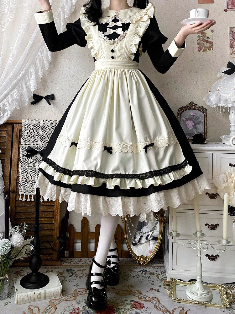 Black and Beige Juliette Sleeves Lolita Dress + Maid Apron Set