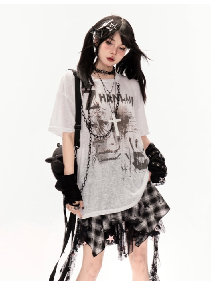 White/Black Round Neck Punk Print Semi-sheer Coverup