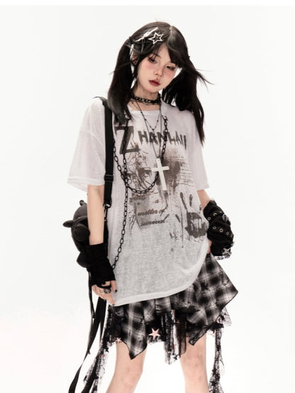 White/Black Round Neck Punk Print Semi-sheer Coverup