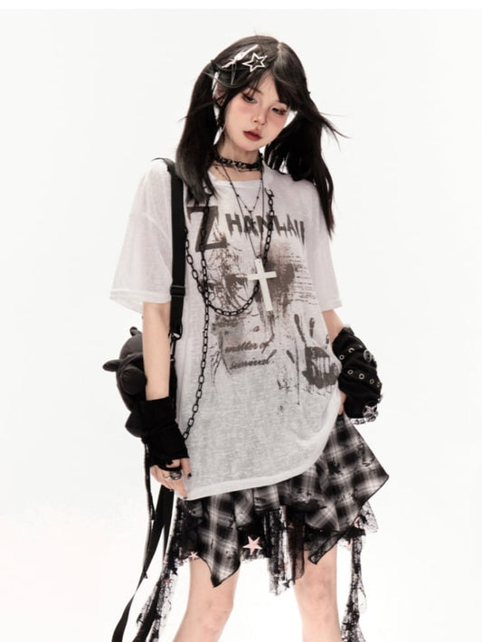 White/Black Round Neck Punk Print Semi-sheer Coverup