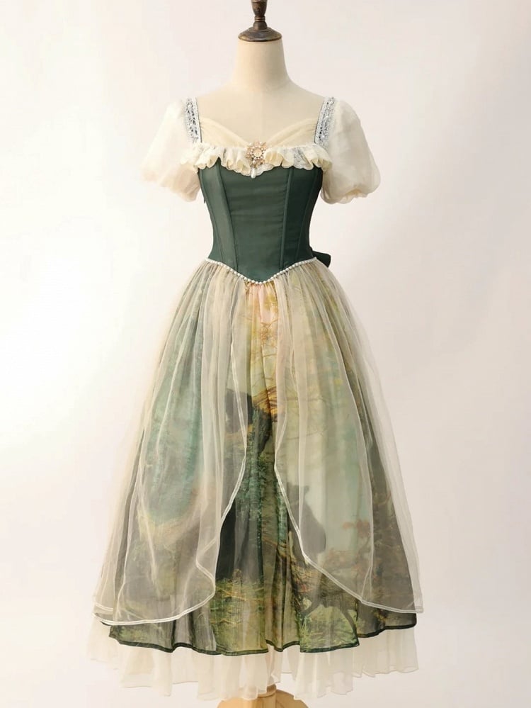 Dark Green & Apricot Basque Waist Forest Print Elegant Classic Lolita Dress with Overlay