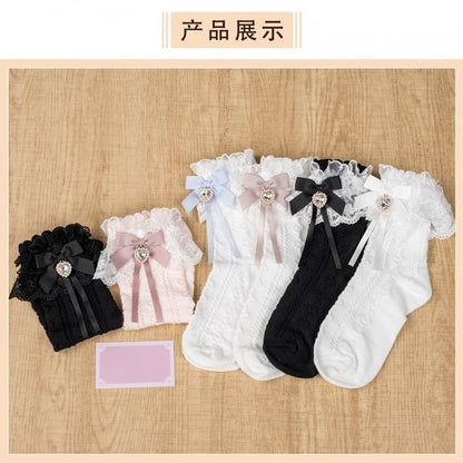Jirai Kei Black Bowknot and Heart Rhinestone Decoration White Lace Cuffs Cotton Ankle Socks