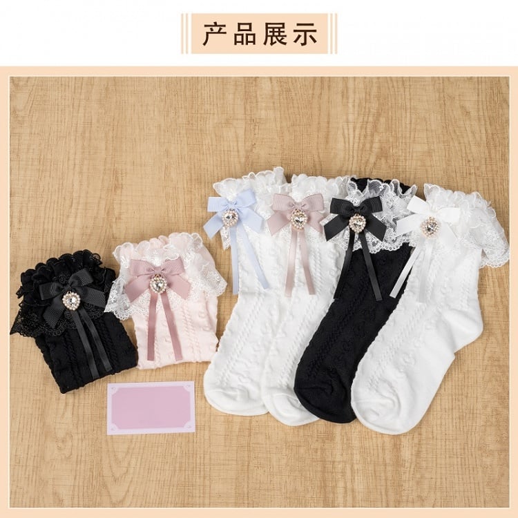 Jirai Kei Black Bowknot and Heart Rhinestone Decoration Lace Cuffs Black Cotton Ankle Socks