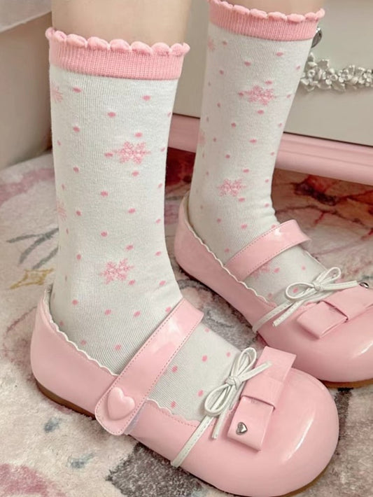 Pink Snowflakes Print Polka-dot Pattern Lolita Calf Socks