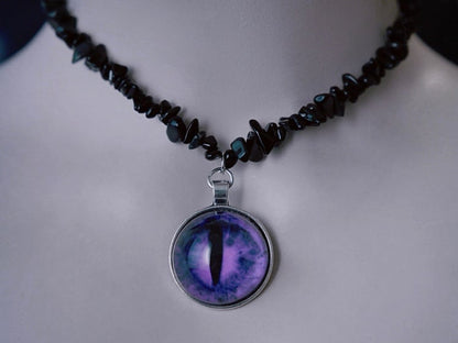 Purple Demon Eye Pendant Gothic Black Crushed Stone Necklace