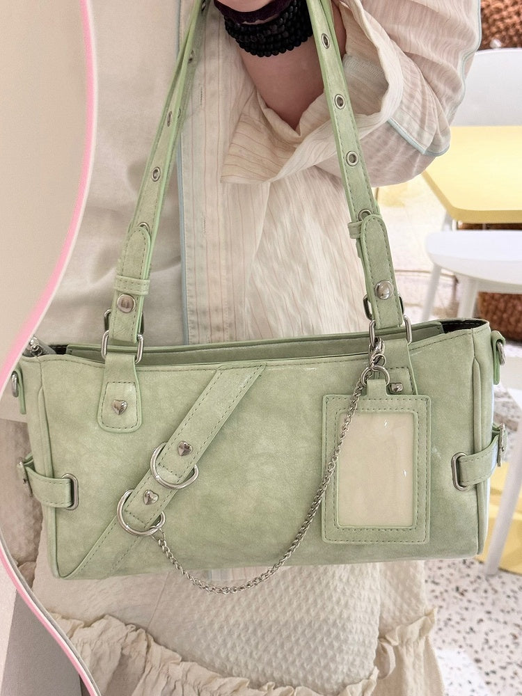 Green PU Leather Adjustable Strap Ita Shoulder Bag With Transparent Display Window