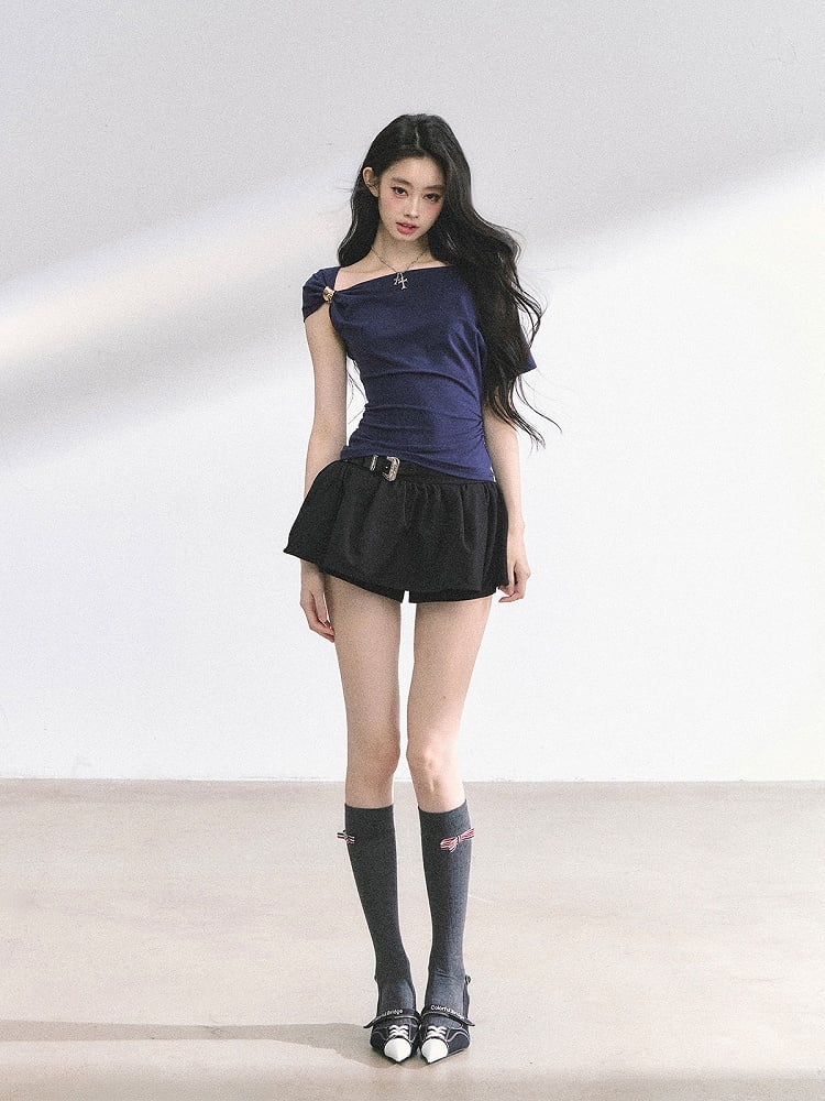 Navy Blue/Pink Asymmetrical Neckline Slim-fitting T-shirt