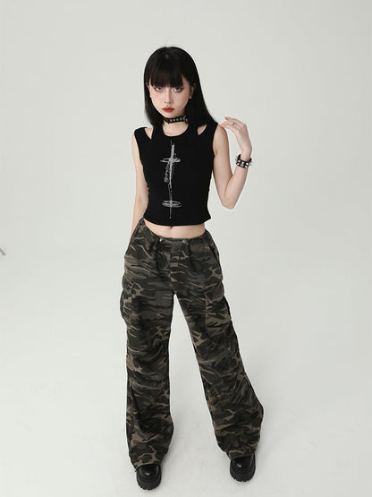 Gothic Black Cross Print Backless Glamorous Cropped Sleeveless Top