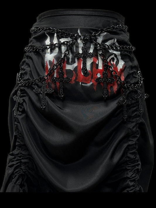 Gothic Black Letters Print Ruched Design High-low Punk Skirt with Free Cross Charms Waist Chain