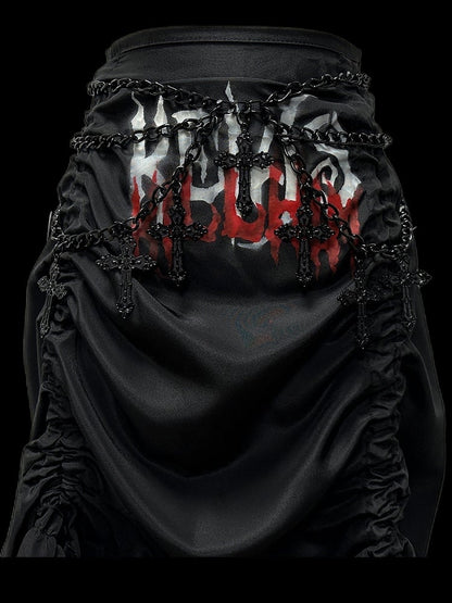 Gothic Black Letters Print Ruched Design High-low Punk Skirt with Free Cross Charms Waist Chain