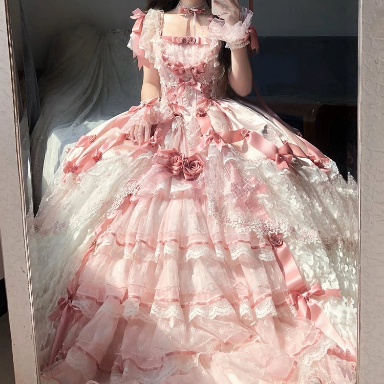 Pink Hanayome Lolita Hime Wedding Dress with Corset Waist and Rose Bow Accents Long Version