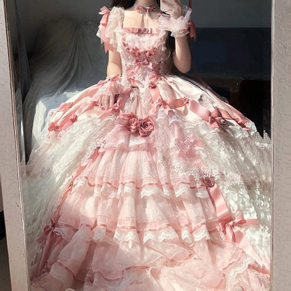 Pink Hanayome Lolita Hime Wedding Dress with Corset Waist and Rose Bow Accents Long Version