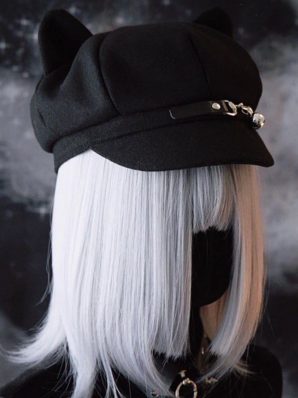Black Gothic Bell Charm Buckle Design Cat Ear Beret Hat