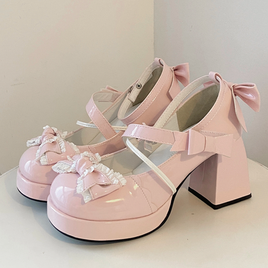 Bow Accents Pink High Block Heel Sweet Mary Janes Buckle Ankle Strap