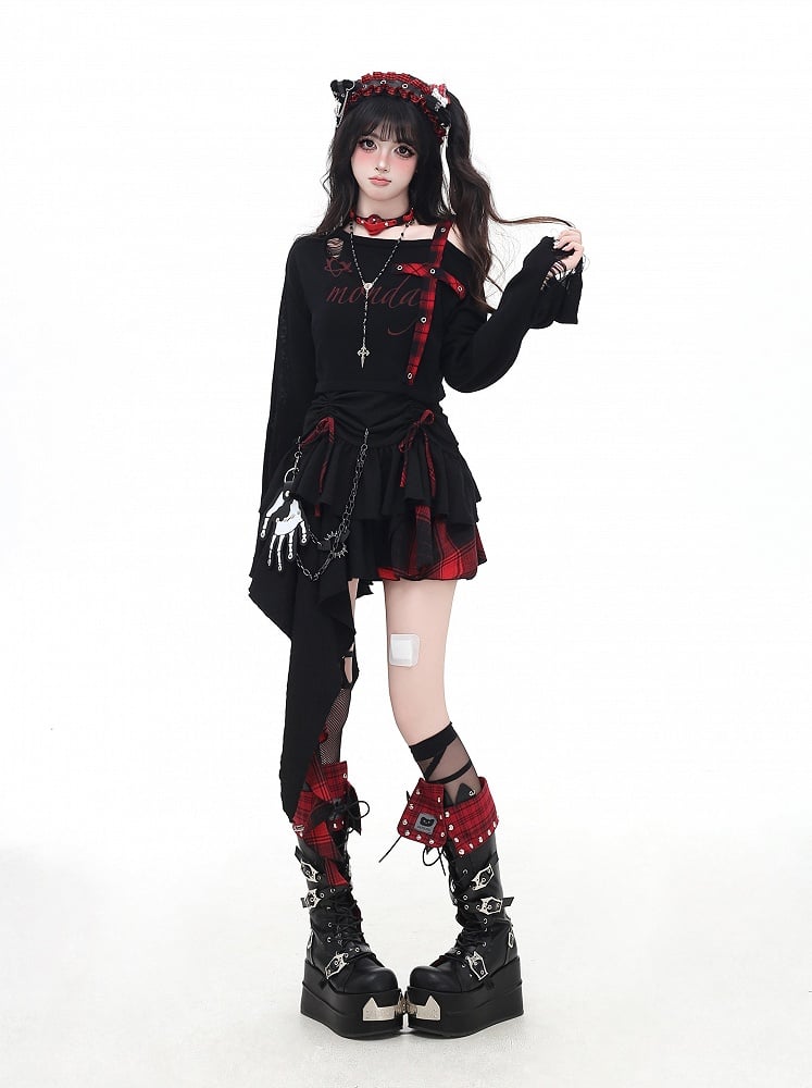 Red and Black Plaid Drawstring Waist Handkerchief Hem Tiered Skirt Cami Dress