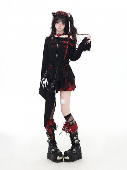 Red and Black Plaid Drawstring Waist Handkerchief Hem Tiered Skirt Cami Dress