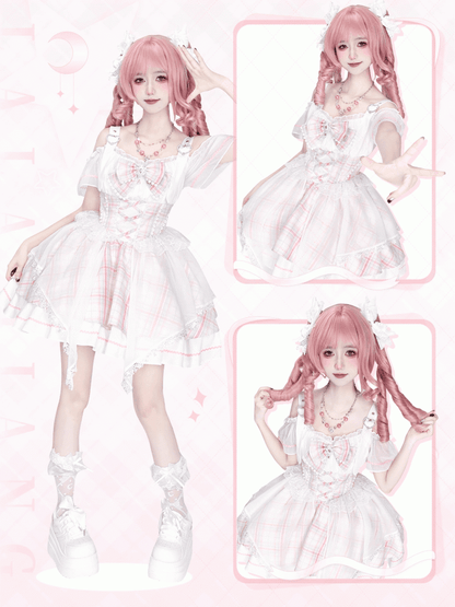 Pink Plaid Off-the-shoulder Neckline Sweet Idol Lolita Jumper Skirt with Free Bowtie