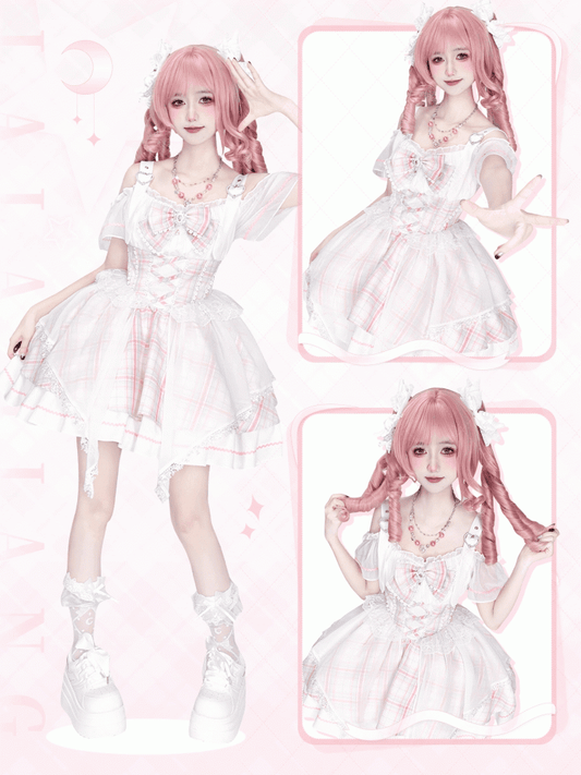 Pink Plaid Off-the-shoulder Neckline Sweet Idol Lolita Jumper Skirt with Free Bowtie
