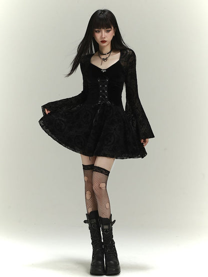 Gothic Black Lace Bell Sleeves Thigh-length Dress with Lace-up Detail at Waist