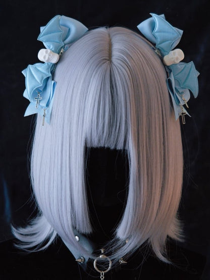 Skulls Bat Wings Cross Charms Blue Bowknot Hairclips