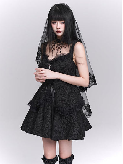 Black Sweetheart Neckline Lace-up Front Tiered Skirt Gothic Sleeveless Dress