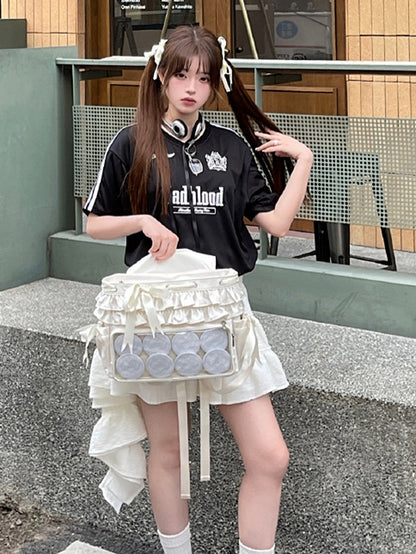 Beige Ruffle Trim Bow Accents Balletcore Ita Backpack