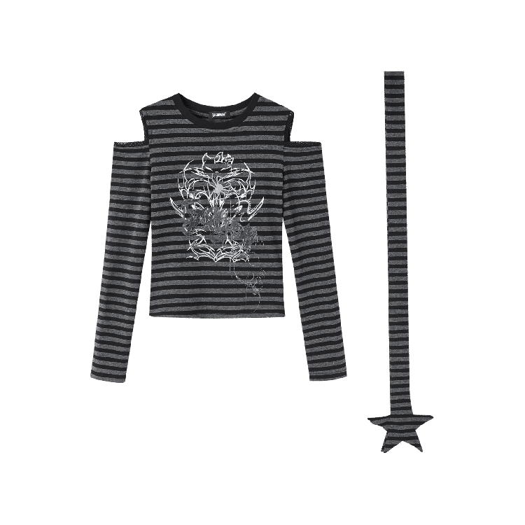 Punk Black & Gray Striped Cutout Shoulder Graphic Top with Star Scarf