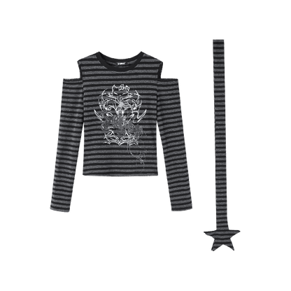 Punk Black & Gray Striped Cutout Shoulder Graphic Top with Star Scarf