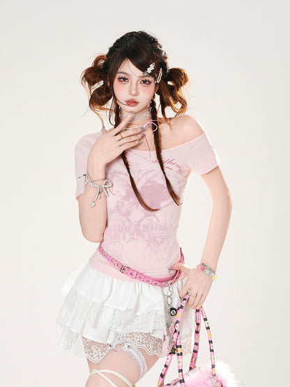 Asymmetrical Neckline Butterfly Print White/Pink Slim-fitting T-shirt