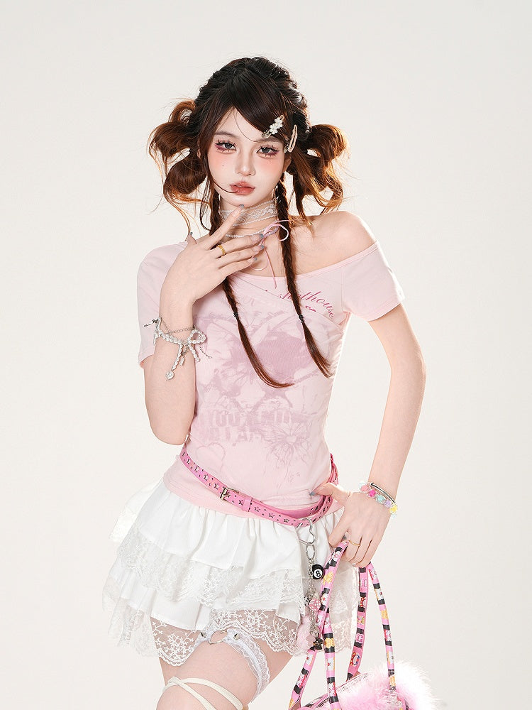 Asymmetrical Neckline Butterfly Print White/Pink Slim-fitting T-shirt