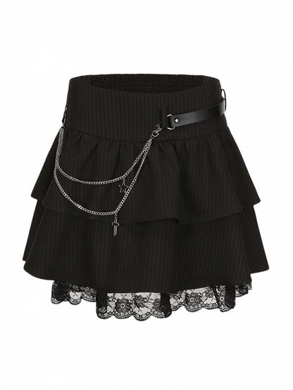 Plus Size Y2K Gothic Black Striped Tiered Skirt with Floral Embroidered Lace Trim
