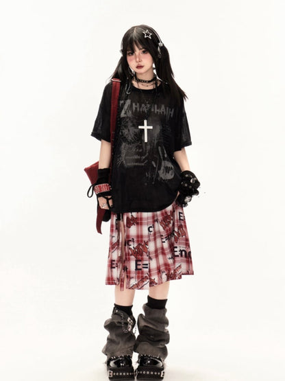 White/Black Round Neck Punk Print Semi-sheer Coverup