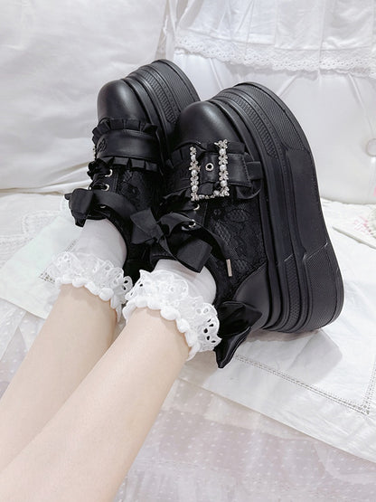 Black Bow Accents Beaded Buckle Design Jirai Kei Platforms Shoes