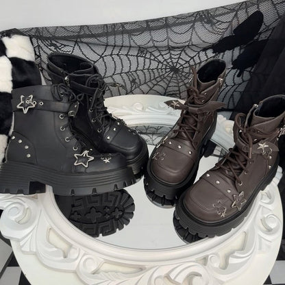 Brown Star Buckle Straps Bat Wings Y2K Platform Ankle Boots
