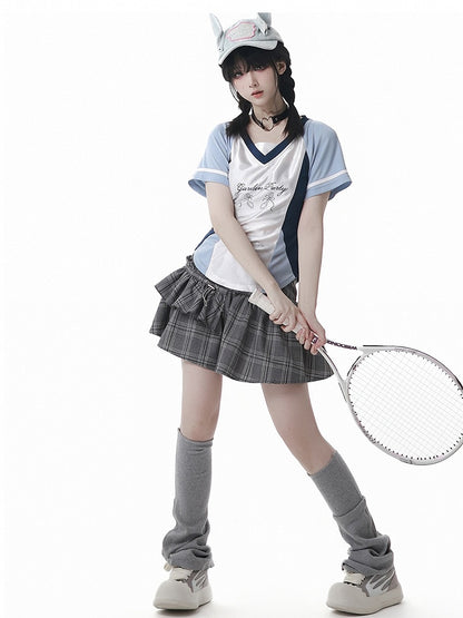 Blue Colorblock Design Blokette Core V-neck T-shirt