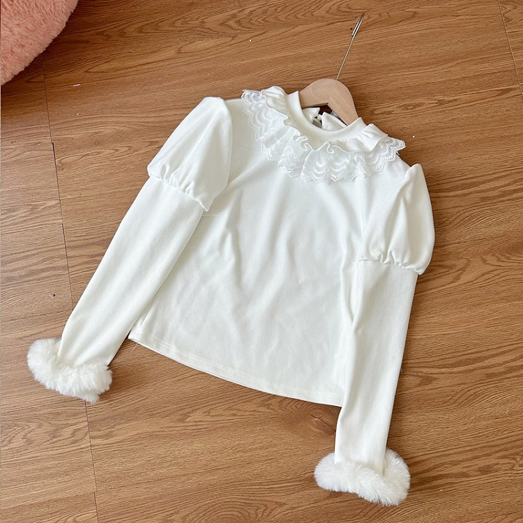 White Plush Cuffs Long Sleeves Top