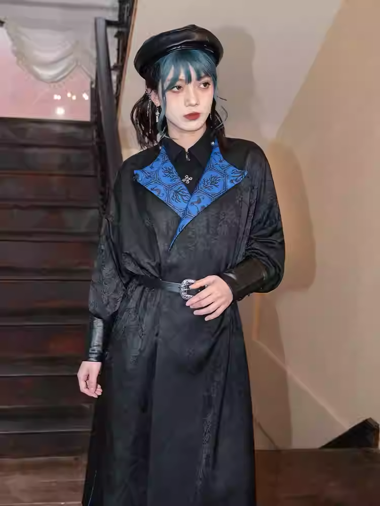 Reversible Blue Seahorses and Coral Print Black Jacquard Cheongsam Style Long Coat