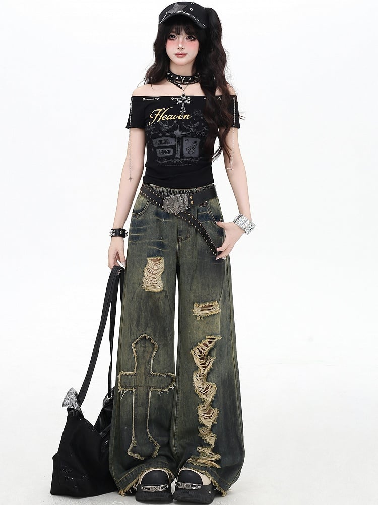 Vintage Blue Y2K Cross Applique Distressed Holes Details Wide-leg Cut Jeans