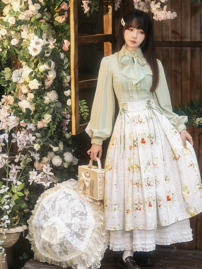 White Box Pleat Elegant Classic Lolita Skirt with Hawthorn and Bird Print and Green Lace-Up Waistband