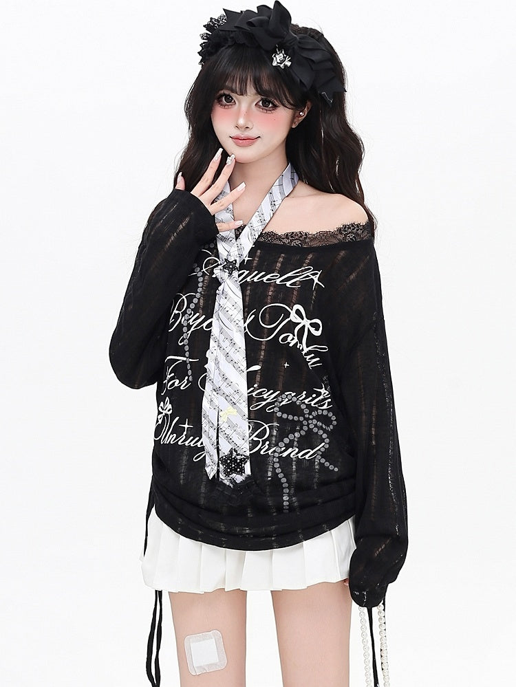 White/Black Letter And Bowknot Details Cutout Design Asymmetrical Neckline Long Sleeves Top