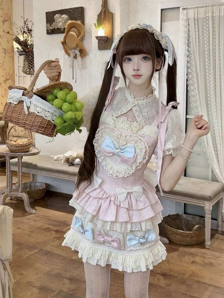 Pink and Blue Bow Accents Sweet Lolita Full Set - Cami Top + Skirt + Puff Sleeves Cropped Top
