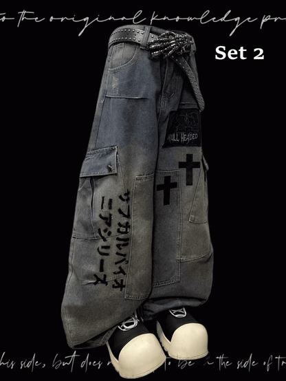 Blue Cross Applique Wasteland Punk Distressed Wide-leg Cargo Jeans