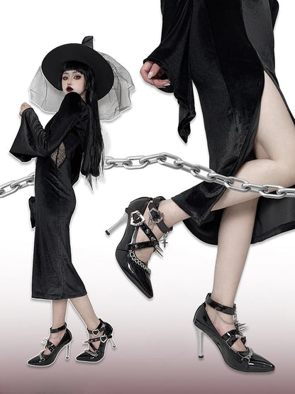 Spike Studs Coffin-shaped Buckles Polished Black Gothic Punk Stiletto Heels with Chains