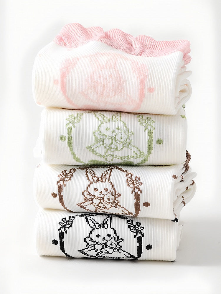 Mint Green/Pink/Black/Brown Lolita Bunny Print Polka-dot Pattern Ruffled Calf Stock