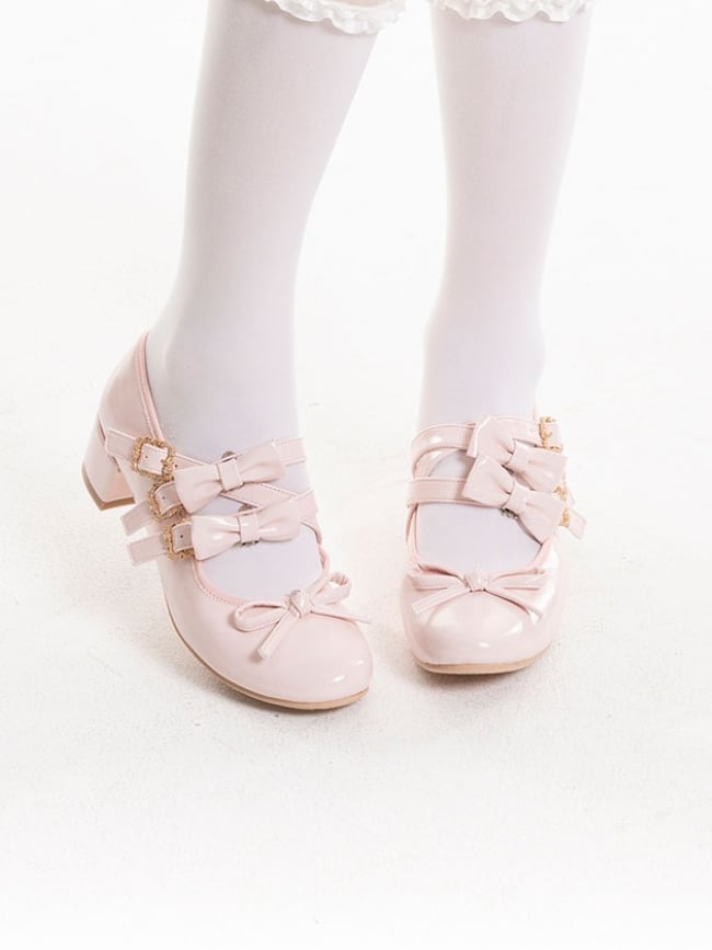 Pink Bow at Top Crisscross Design Lolita Shoes with Detachable Bowknots