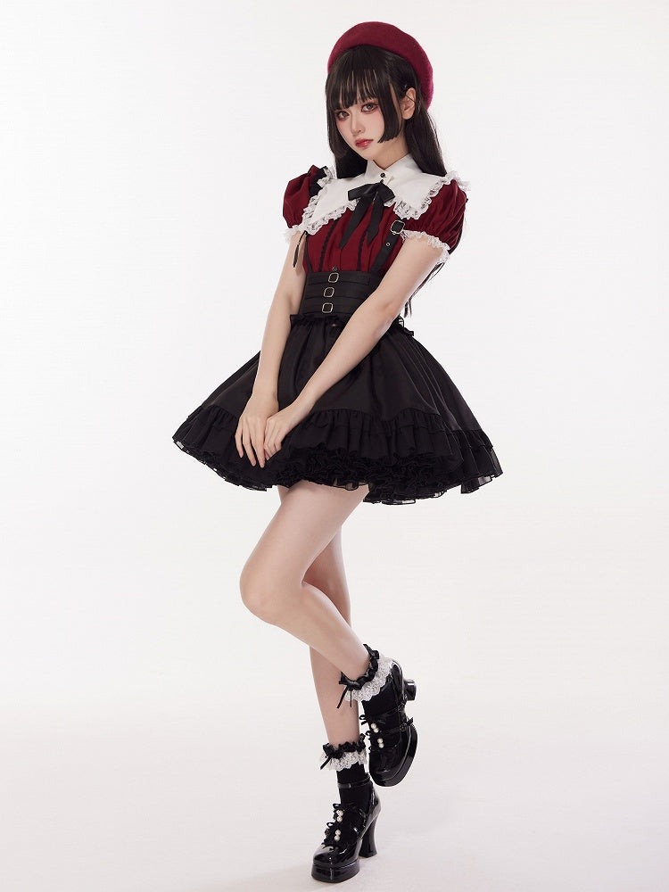 Three Metal Buckles Decorated High Waist Black Jirai Kei Skirt with Removable Straps